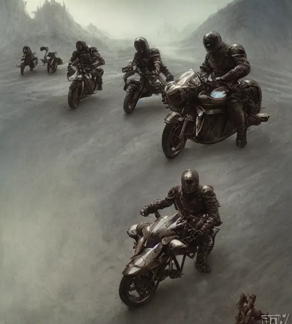 Image similar to motorbikers race in hell, beksinski, age of sigma art, frank frazetta, ruan jia, dark soul armor concept, trending on artstation, wayne barlowe, adrian smith fantasy art, elden ring art, the hobbit art, lord of the ring art, infinity blade armor