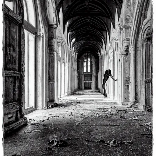 Prompt: a black and white, 4 k photograph of a plague doctor walking down the hall of an abandoned cathedral