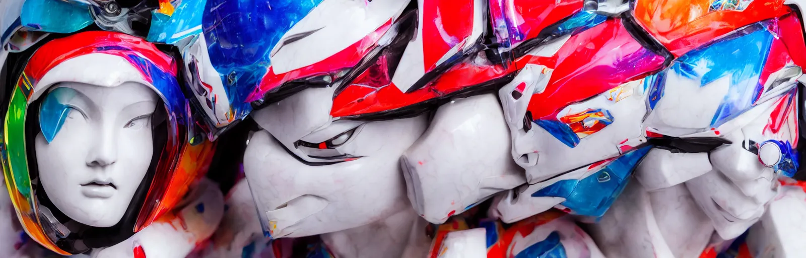 Image similar to beautifully lit extreme close up photo of a white marble statue of an anime girl with colorful motocross logos and motorcycle helmet with closed visor, colorful smoke in the background, carved marble statue, fine art, neon genesis evangelion, virgil abloh, offwhite, denoise, highly detailed, 8 k, hyperreal