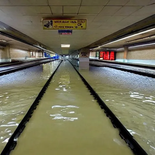 Image similar to photo of a subway station, the floor is flooded with one meter deep water. eerie