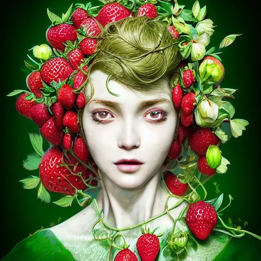 Image similar to the portrait of an absurdly beautiful, graceful, elegant, sophisticated, chaste woman made of strawberries and green petals looking up, an ultrafine hyperdetailed illustration by kim jung gi, irakli nadar, intricate linework, bright colors, octopath traveler, final fantasy, unreal engine 5 highly rendered, global illumination, radiant light, detailed and intricate environment