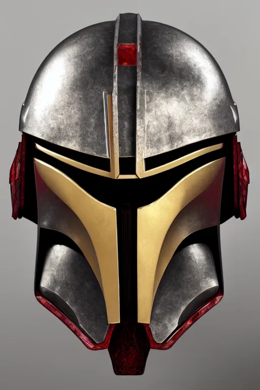 Image similar to an artistic and realistic 8k sculpture of a mandalorian helmet, liquid simulation, bright psychedelic color, dramatic lighting, silver gold red details, filigree, intricate details, cinematic, elegant, octane render, filmic, interesting camera angle, 8k post-processing, intricate art by John Collier and Albert Aublet and Krenz Cushart and Artem Demura and Greg Rutkowski