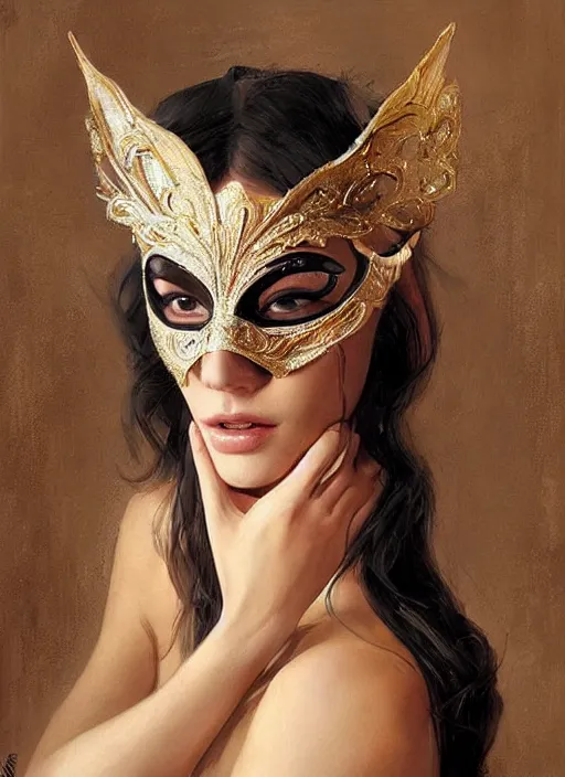 Image similar to a beautiful woman wearing an elaborate masquerade mask and matching ballgown, looking at the viewer with an alluring expression. painting by artgerm and greg rutkowski and magali villanueve