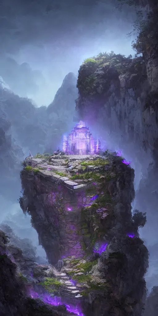 Image similar to Gorge in the mountain, white stone temple ruins, night dramatic lighting, blue and purple tones, wide camera angle, matte painting, trending on ArtStation, concept art, delightful surroundings, high detail, sharp contrast, picturesque