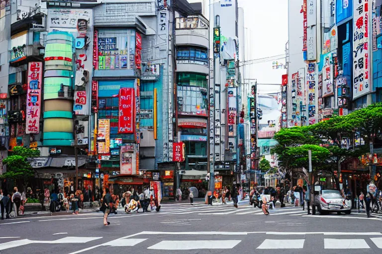 Image similar to Shibuya with traditional Japanese architecture, scene from a Studio Ghibli movie by Hayao Miyazaki