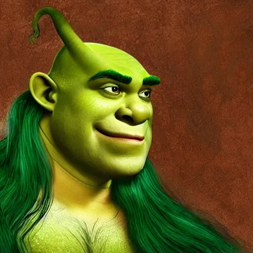 Image similar to shrek from shrek with long lush golden hair attractive muscular stylish knight in shining golden armor with long lush golden hair a strong jaw and attractive green eyes shrek is riding on top of a red dragon, fantasy art, hyper detailed, extremely complex, hyper realistic, similar to the mona lisa, art by leonardo devinci