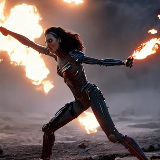 Prompt: photograph of Gal Gadot as Ripley fighting the Xenomorph in Alien while holding a flamethrower