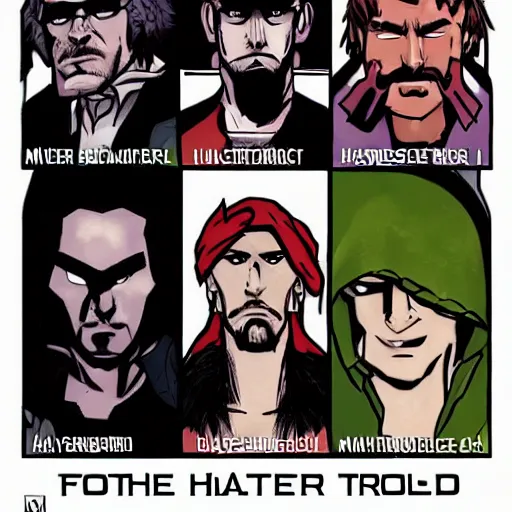 Image similar to four characters, a grifter, a hacker, a thief, and a mastermind in the style of a d & d cover