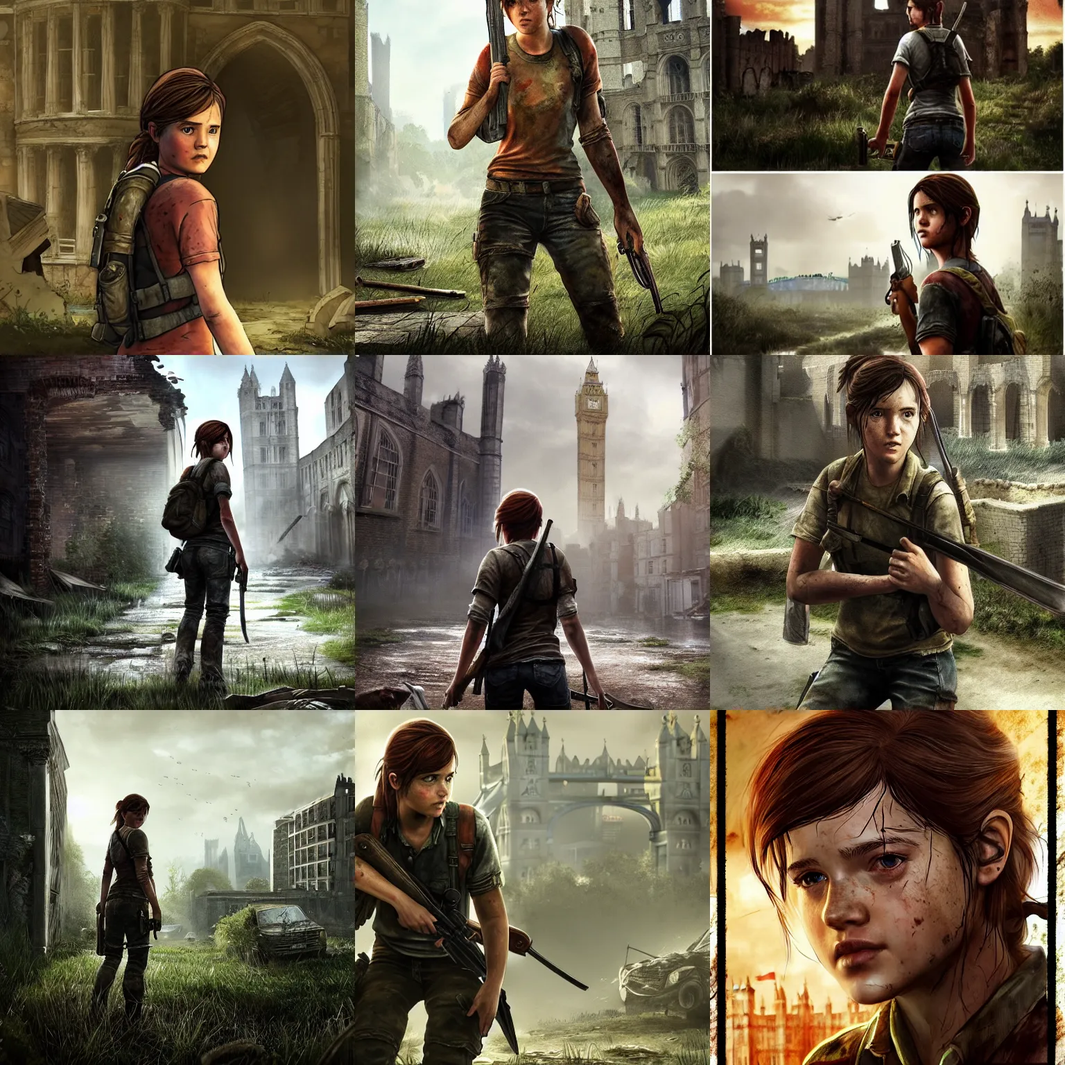 Prompt: Ellie from the Last of Us as Arthur from Camelot, in the ruins of London, cinematic, epic, artstation