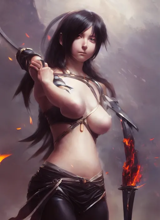 Image similar to Portrait of Anime girl with black hair, she is carrying a burning sword with two hands, wearing metal armor around her chest and waist, realistic, detailed, 4k by Greg Rutkowski Mark Arian trending on artstation