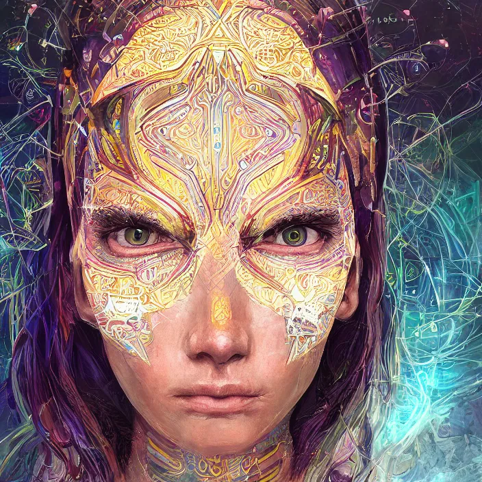 Image similar to portrait of a future metaverse ayahuasca tech shaman warrior, 2 d cartoon, visionary art, symmetric, magick symbols, holy halo, shipibo patterns, sci - fi, concept art, trending on art station, 8 k digital art, by mandy jurgens, fantasy portrait art, anime