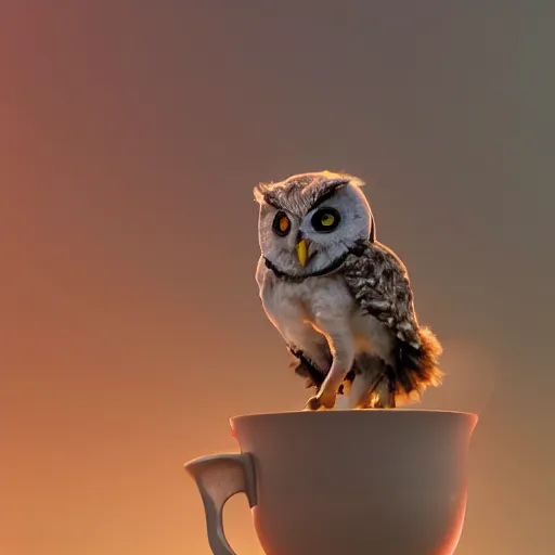 Prompt: long shot of a very cute owl chick nesting in a very futuristic cup, humorous illustration, hyperrealistic, big depth of field, warm colors, night scenery, low light, 3 d octane render, 4 k, conceptart, hyperdetailed, hyperrealistic, trending on artstation