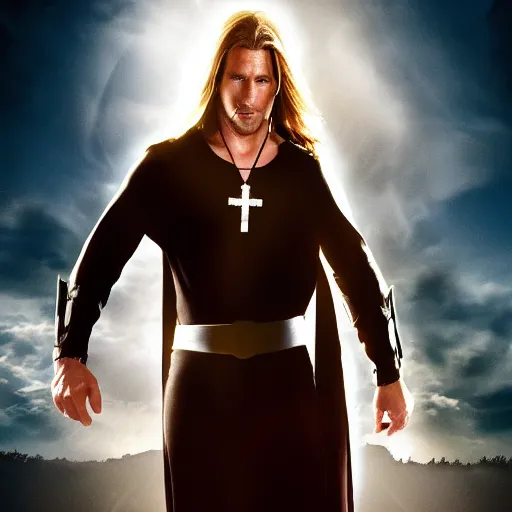 Prompt: action movie hero wearing dressed in priest's robes with a cross necklace. movie poster. 4k. Long flowing hair. pecks of steel.