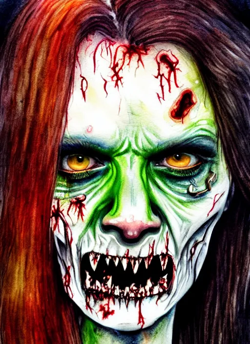 Image similar to zombie hollywood professional acting headshot, hyperrealism, intricate detailed, studio lighting, charming expression gesicht, watercolor art, drawn and painted, colored layers, dulled contrast, exquisite fine art