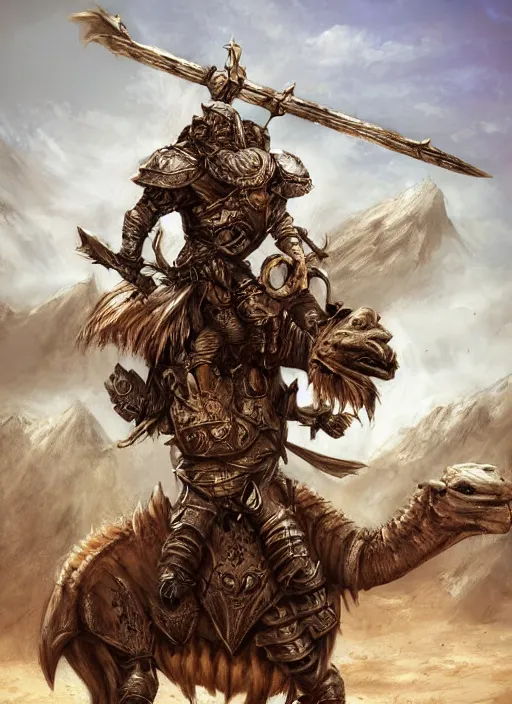 Image similar to Gnoll, metal armor, holding a lance, riding a camel, facing the camera, D&D, fantasy, digital art, realistic, artstation