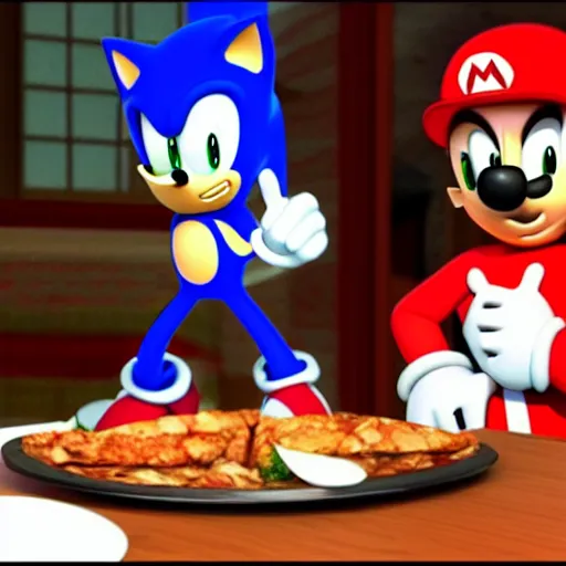 Image similar to sonic and mario having dinner together at a restaurant, setting their differences aside and having a talk
