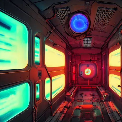 Image similar to arriving on a derelict space station, ominous, epic, wonderfully colorful, escape pod, screen, ink lines, accurate, weird, neon ink, clean, minimal, 8k, octane render