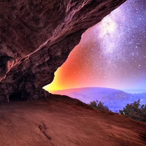 Prompt: a stone cave leading into a galaxy