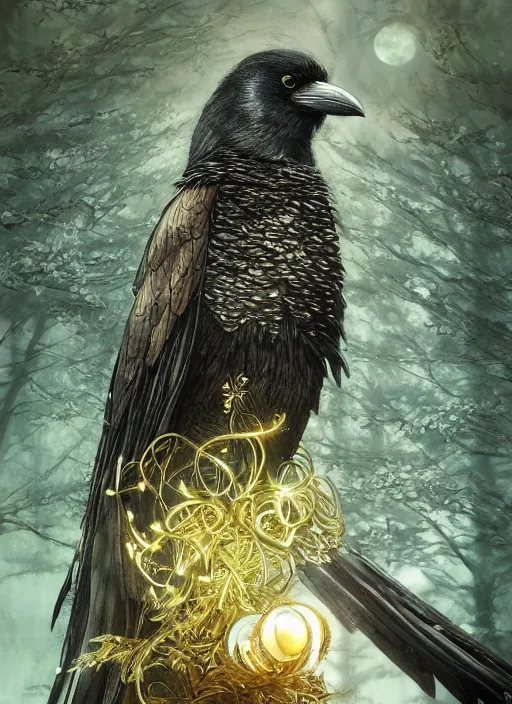 Image similar to best book cover design, glowing silver and golden elements, full close-up portrait of realistic crow with gems, book cover, green forest, white moon, establishing shot, extremly high detail, photo-realistic, cinematic lighting, by Yoshitaka Amano, Ruan Jia, Kentaro Miura, Artgerm, post processed, concept art, artstation, matte painting, style by eddie mendoza, raphael lacoste, alex ross