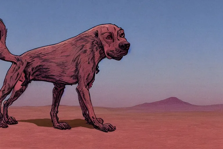 Prompt: monstrous xoloitzcuintli dog in the atacama desert at dusk, hungry and drooling, cracking bones, futuristic comic book by moebius