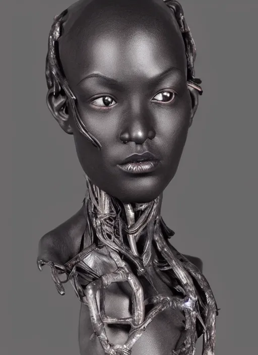 Prompt: a bust sculpture of anatomical detailed fantasy humanoid character, very dark black skin, very beautiful, high forehead, high cheekbones, become human, stylized, ceramic base, orthographic, studio lighting