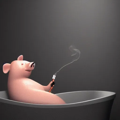 Image similar to a cartoon humanoid anthropomorphic pig lay in the tub, smoking, digital art, very strong lighting, trending on artstation