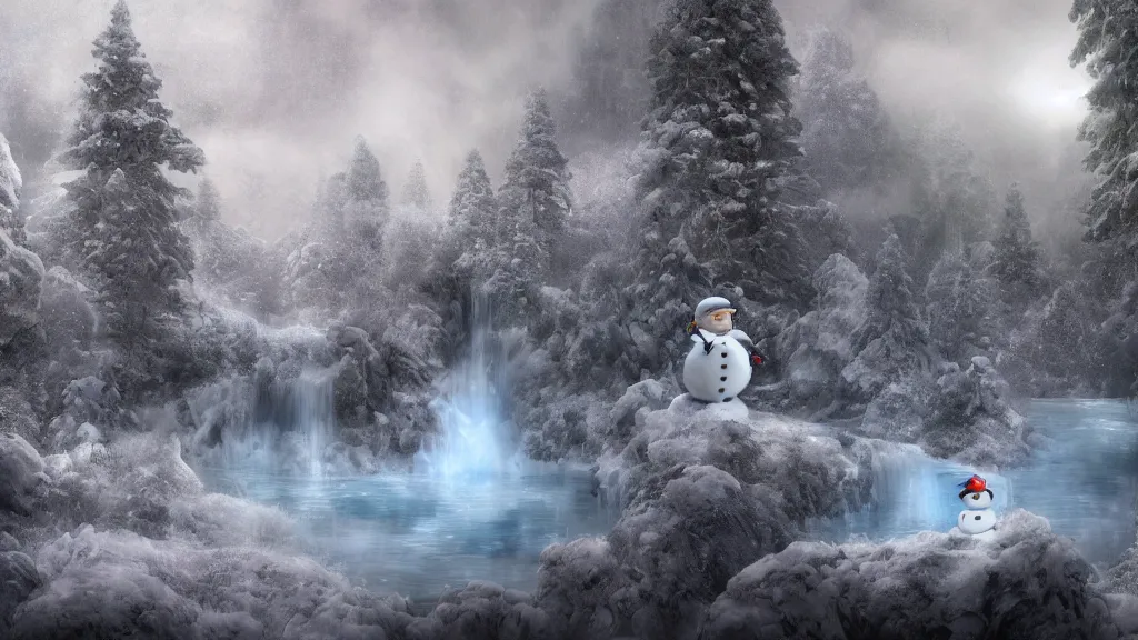 Image similar to 3d rendering of fantasy little frosted planet with snowman and waterfall, in the sky, foggy atmosphere, volumetric lighting, fantasy artwork, very beautiful scenery, very realistic painting effect, hd, hdr, cinematic 4k wallpaper, 8k, ultra detailed, high resolution, artstation