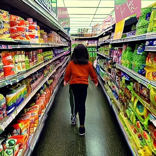 Prompt: grainy photos of a cryptid in the grocery store