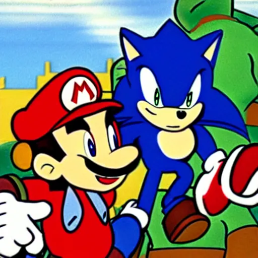 Image similar to 1940s disney film about super mario and sonic the hedgehog