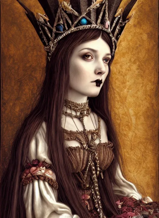 Image similar to highly detailed closeup portrait of a goth medieval princess wearing a crown and sitting on a throne, nicoletta ceccoli, mark ryden, earl norem, lostfish, global illumination, god rays, detailed and intricate environment