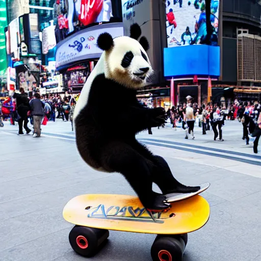 Prompt: panda skateboarding at time square