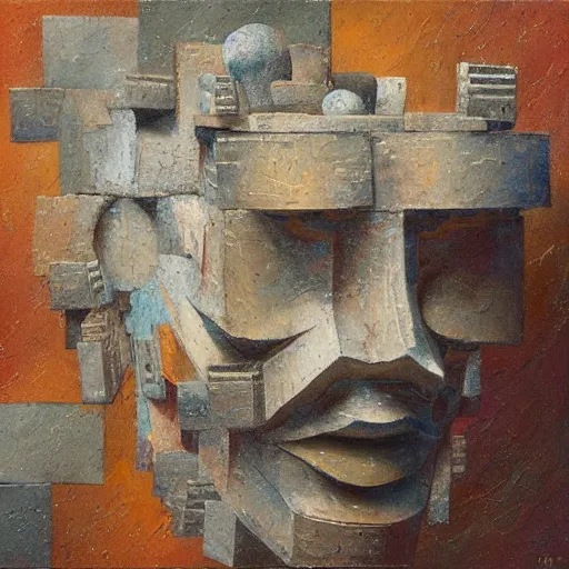 Image similar to a detailed impasto painting by shaun tan of an abstract forgotten sculpture by the caretaker and ivan seal