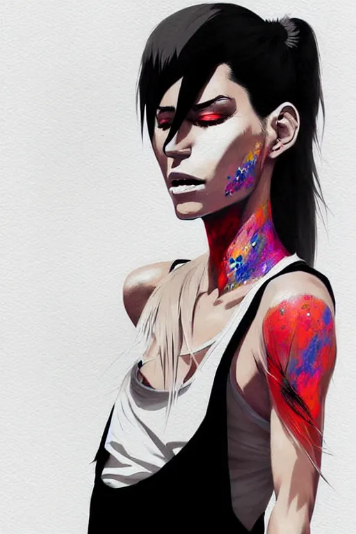 Image similar to a ultradetailed beautiful full body painting of a stylish woman in with white hair in a ponytail, she is wearing a black tank top and jeans, by conrad roset, greg rutkowski and makoto shinkai trending on artstation