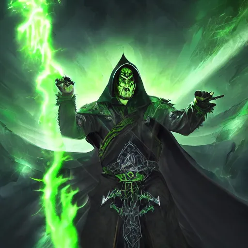 Image similar to illustration of dark priest holding green lightning, black halo, evil, power, green mist, scary, photorealistic, unreal engine, hellish background, mtg, dnd