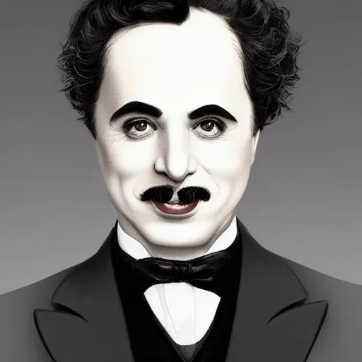 Prompt: charles chaplin wearing a tuxedo, portrait, highly detailed, digital painting, artstation, concept art, sharp focus, illustration, art by artgerm and greg rutkowski and alphonse mucha