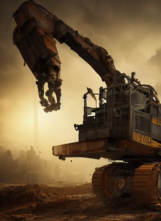 Image similar to a photorealistic dramatic hyperrealistic render of a futuristic exosuit power excavator heavy machinery, ultra realistic details, glossy yellow, well worn, rust, oil stains by vitaly bulgarov and mike nash, beautiful dramatic dark moody tones and lighting, cinematic atmosphere, studio lighting, global illumination, shadows, dark background, octane render, 8 k