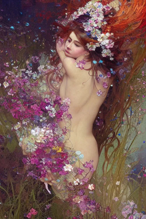 Image similar to a beautifull intricate painting of a disembodied soul surrounded by flowing flower petals, leaves and spiderweb, vivid colors, artstation, by jeremy mann, by alphonse mucha,