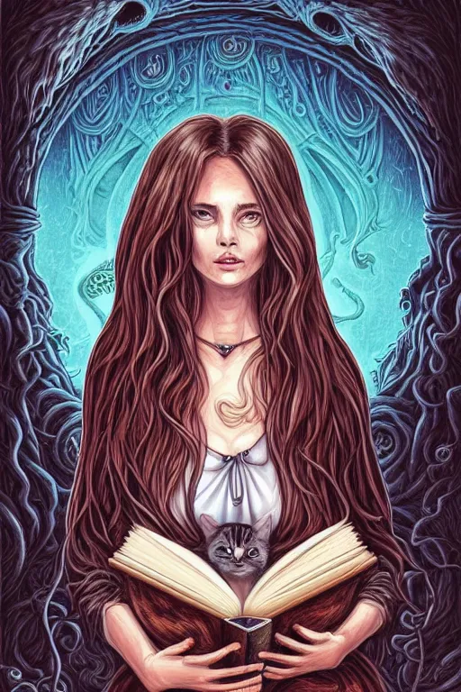 Image similar to trump illustration of romantic girl, her cat and her book of necronomicon, symmetrical, cinematic, sharp focus, 4 k, ultra hd, sense of awe, sinister demonic atmosphere, dreadful, forbidden knowledge, old gods, cthulhu, yog - sothoth! yah, yah, yah! cultist journal cover