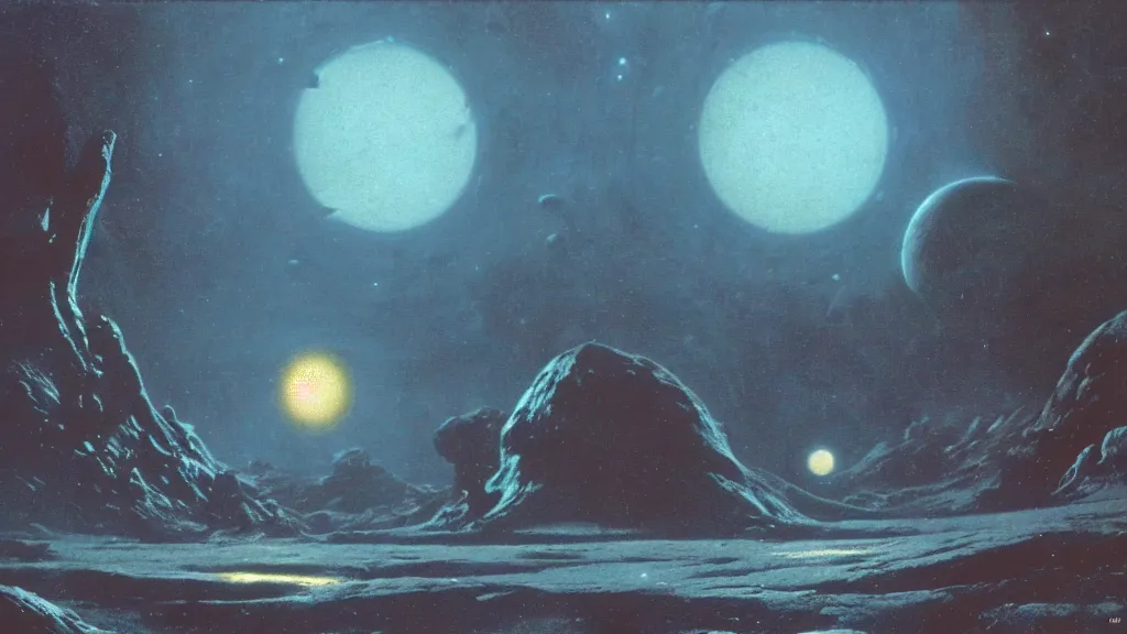 Prompt: eerie atmospheric alien planet by paul lehr and jack gaughan and john schoenherr, epic cinematic matte painting