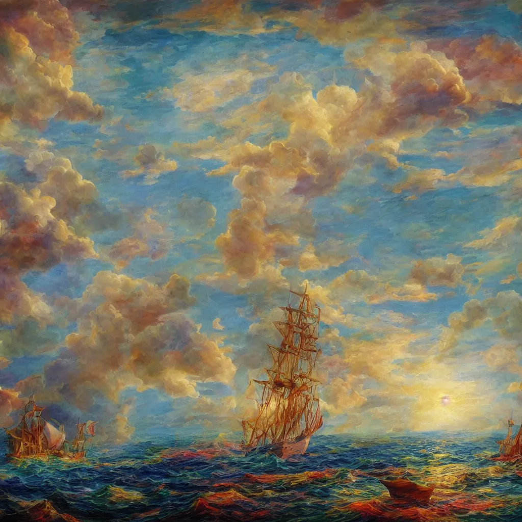 Prompt: 3d high relief painting of sea like jelly,Rainbow clouds like sheeps floating lightly in the air, Sailing ship,dreamy, soft , highly detailed, expressive impressionist style,in the style of William Schneider