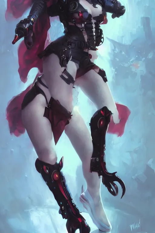 Prompt: portrait of cute succubus Harley Quinn in bikini armor, dc comics, cyberpunk, Warhammer 40000, dark fantasy, digital art from artstation by Ruan Jia and Mandy Jurgens and Artgerm and william-adolphe bouguereau