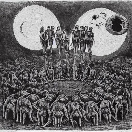 Image similar to Members of a cult gather and summon a Blood Moon, surreal, dark, detailed, intricate, unique made by Leonardo Da Vinci and H R Giger