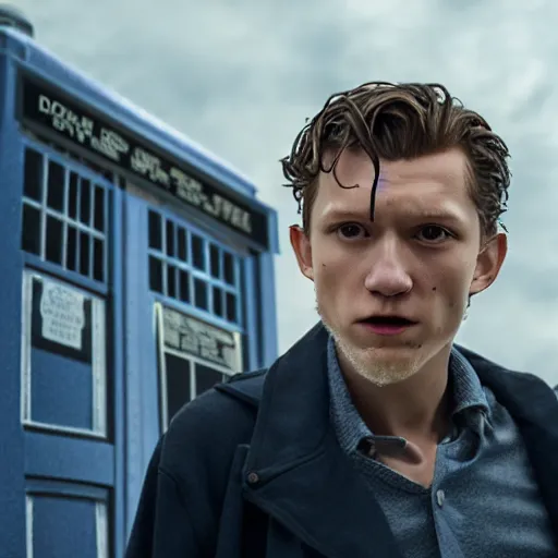 Image similar to tom holland as a rough dirty old man with a scruffy beard in a dark blue trenchcoat as the new doctor who, cinematic, volumetric lighting, f 8 aperture, cinematic eastman 5 3 8 4 film, photorealistic