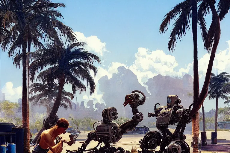 Image similar to natural american landscape | robot repairing another robot | palm trees, painting by syd mead and weta studio and james jean, frank frazetta, highly detailed, rule of third, soft lighting, 8 k resolution, oil on canvas, architectural magazine, beautiful detailed, insanely intricate details, artstation trending, hypermaximalistic, high details, cinematic