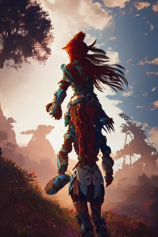 Image similar to combination suit armor aloy horizon forbidden west horizon zero dawn radiating a glowing aura global illumination ray tracing hdr fanart arstation by ian pesty and alena aenami artworks in 4 k tribal robot ninja mask helmet backpack