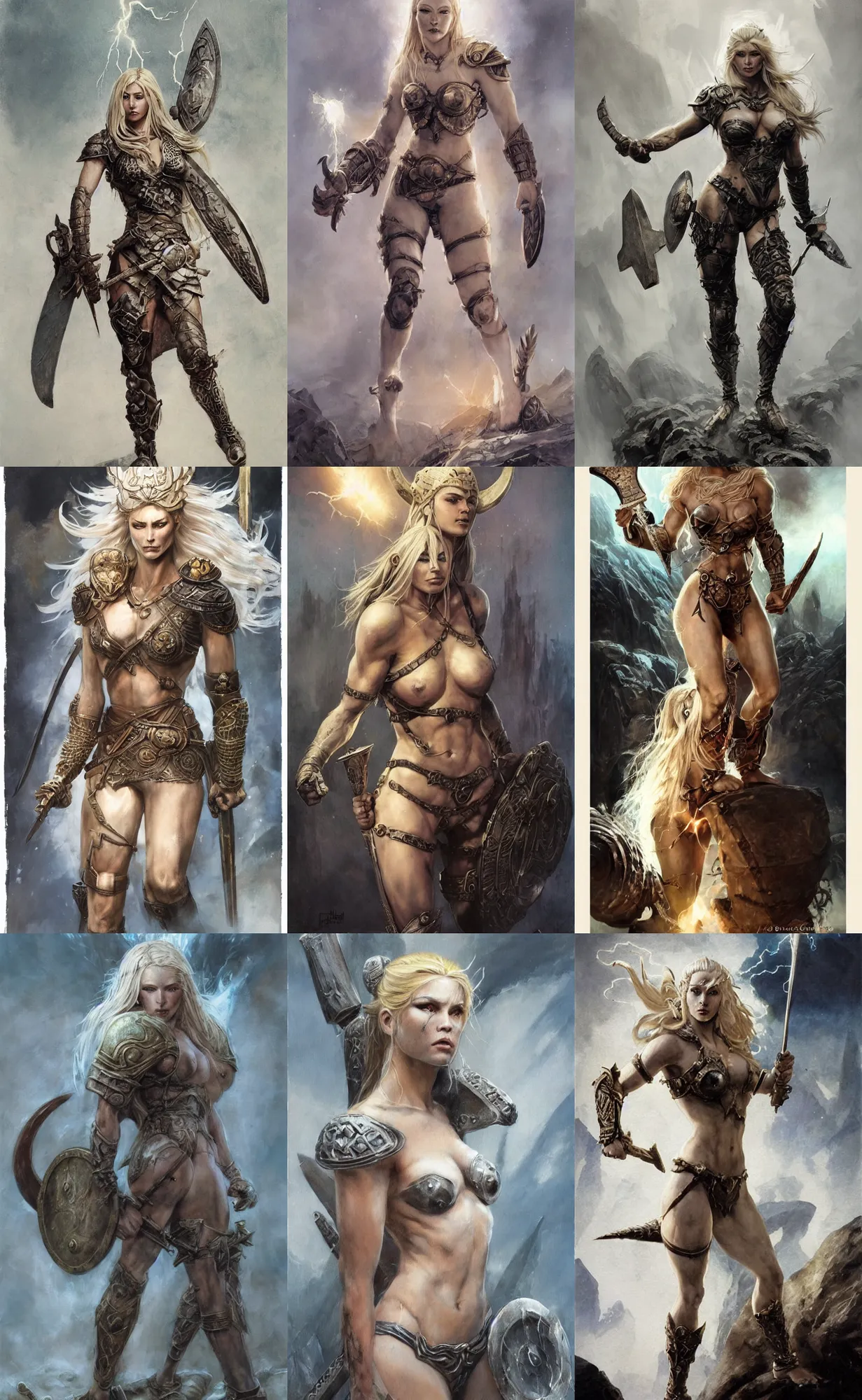 Image similar to A mixed media painting of the beautiful blonde viking goddess of war infused with lightning, very aesthetic, detailed face, by Frank Frazetta, Greg Rutkowski, Boris Vallejo, Beeple, Yoko Taro, Christian MacNevin, epic fantasy character art, goddess of anger, runes, high fantasy, CGsociety, full length, exquisite detail, post-processing, low angle, masterpiece, cinematic, odin's stone arena background