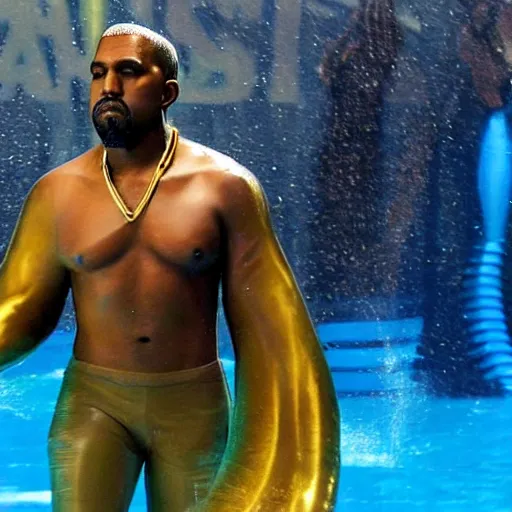 Image similar to photograph of kanye west in an aquaman costume at a waterpark.