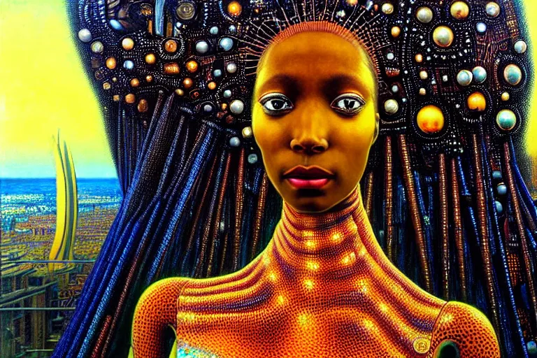 Prompt: realistic extremely detailed closeup portrait painting of a beautiful black woman in a dress with a robot, city street on background by Jean Delville, Amano, Yves Tanguy, Ilya Repin, William Holman Hunt, Ernst Haeckel, Edward Robert Hughes, Roger Dean, rich moody colours