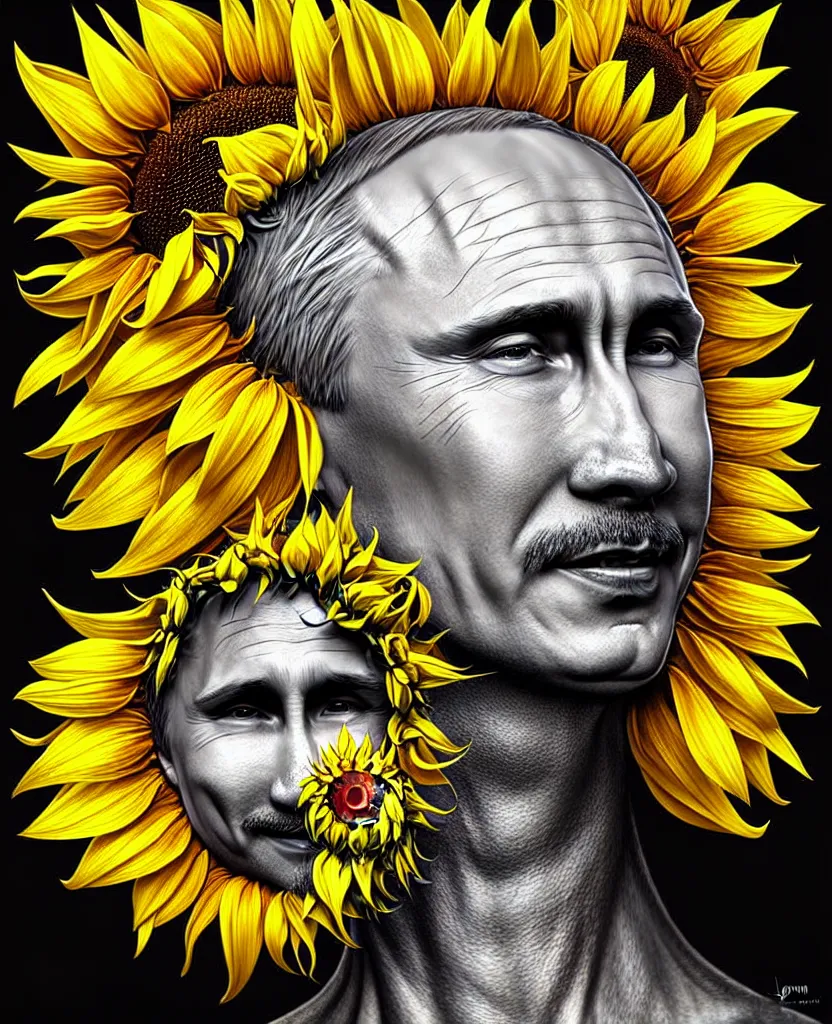 Image similar to digital art, centered full body of Putin smiling king, Sunflower crown, ,intricate, veins, by James Jean and by artgerm , by ross tran ultradetailed, charachter design, concept art, trending on artstation,