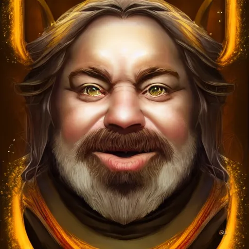 Prompt: symmetrical portrait of a happy dwarf showing off the humongous sparkling gold nugget, realistic, beautiful, fantasy art, dnd, lord of the rings, style of charlie bowater, concept art, sharp focus, ray tracing